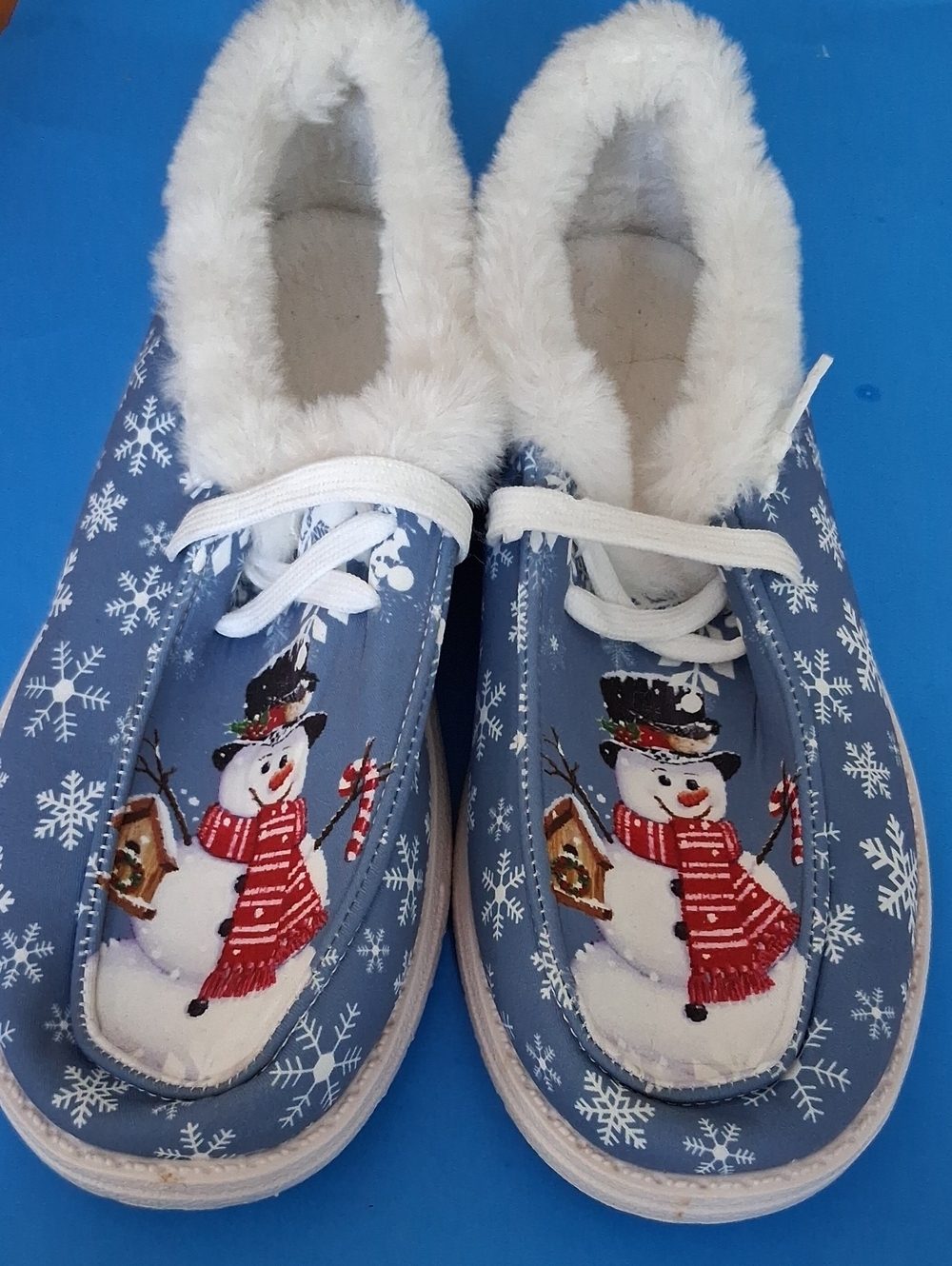 Blue Snowman Fleece-Lined Holiday Slippers